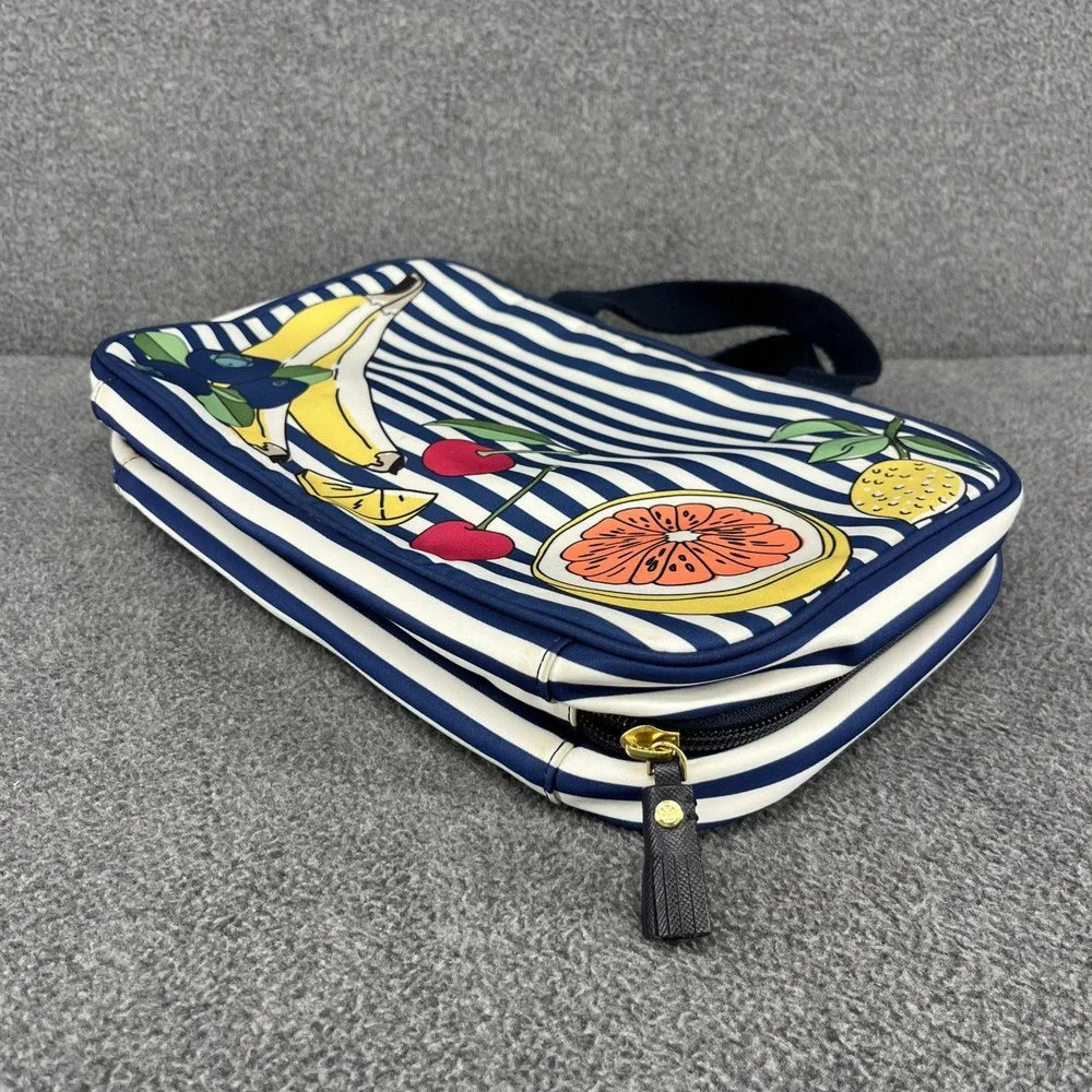 Tory Burch Cosmetic‎ Bag Travel Toiletry Organizer Blue White Stripe Fruit Print